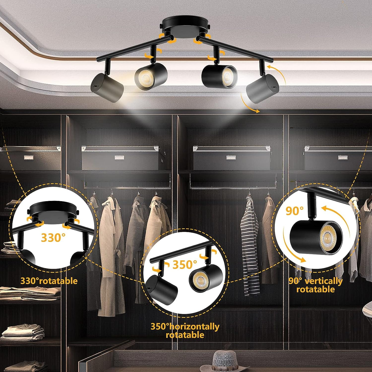 VANoopee 5-Color 4 Light LED Track Lighting Fixtures Ceiling for Kitchen, Dimmable Track Lighting Kit, Ceiling Spotlight Flush Mount Adjustable Directional Spot Lights Indoor, Black CRI90 2400lm 30W