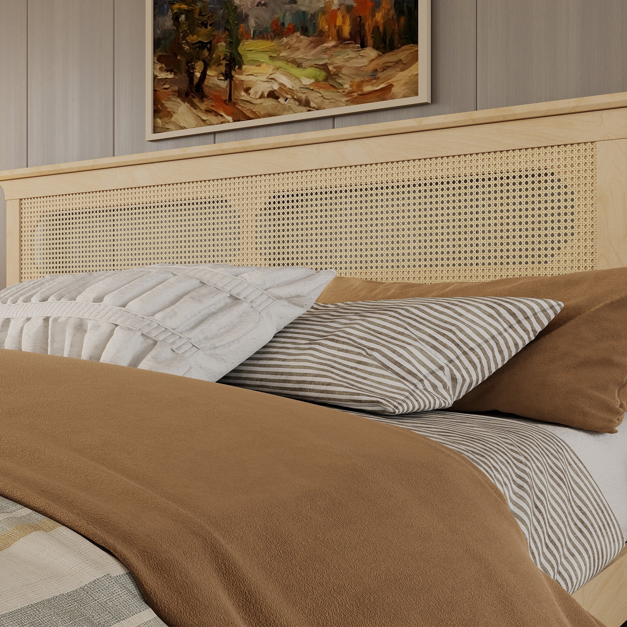 Mintazer Vintage King Size Pine Platform Bed Frame with Rattan Headboard for Bedroom,No Box Spring Needed, Natural