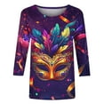thumbnail image 5 of Penkiiy T-shirt Blouse Décontractée à Col Rond Manches 3/4 Mode Mardi Gras pour Femmes 3TG Multicolore, 5 of 5