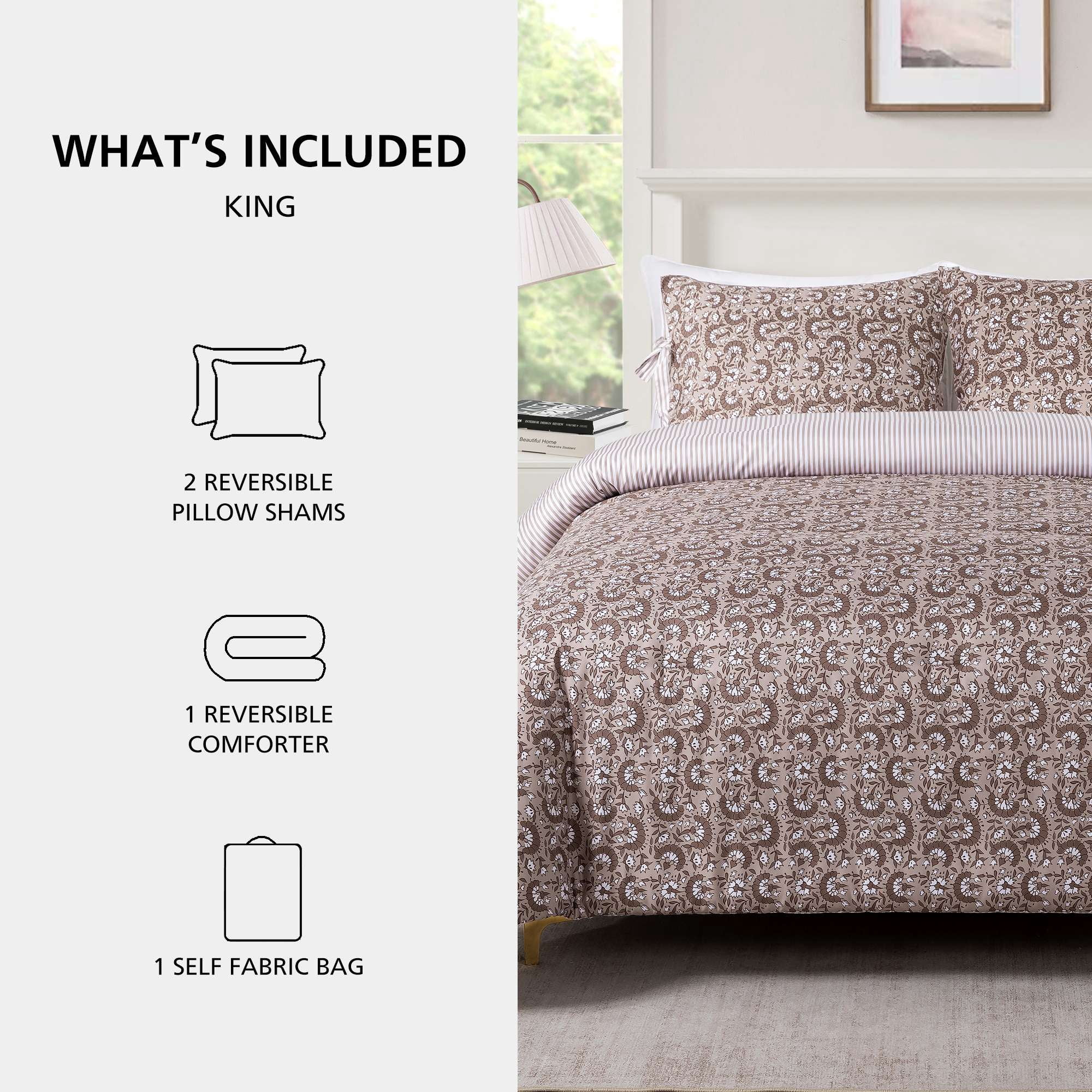 Mainstays King Comforter Set, Reversible Tan Floral, All-Season, 3-Piece