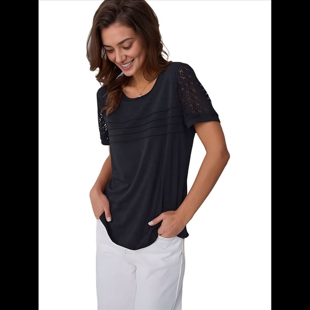 Top Tipo Túnica de Punto con Cuello Redondo y Aberturas para Mujer, Color Negro, Talla S