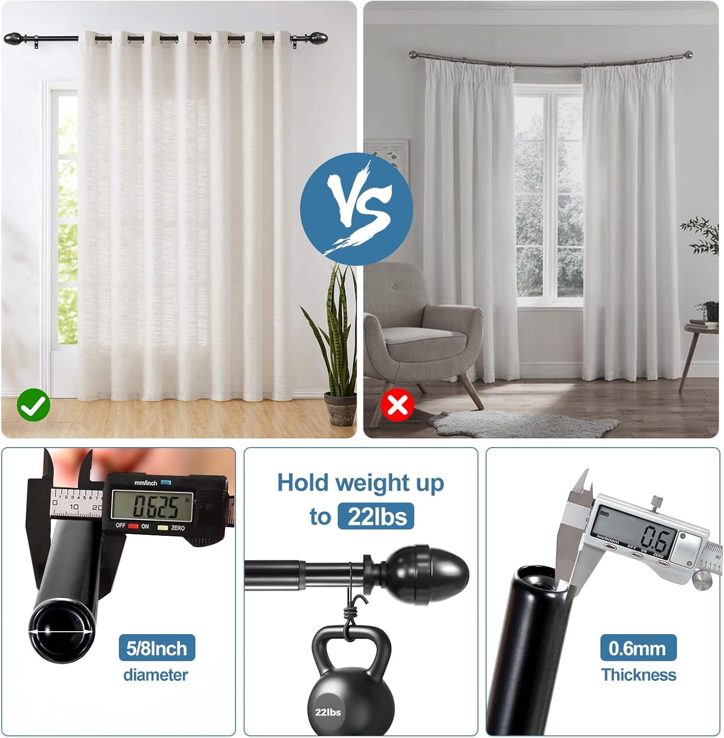 Urbanest Adjustable Single Curtain Rod Set Acorn Finials – 5/8-Inch Diameter, With Black Rod, 84–120 Inches