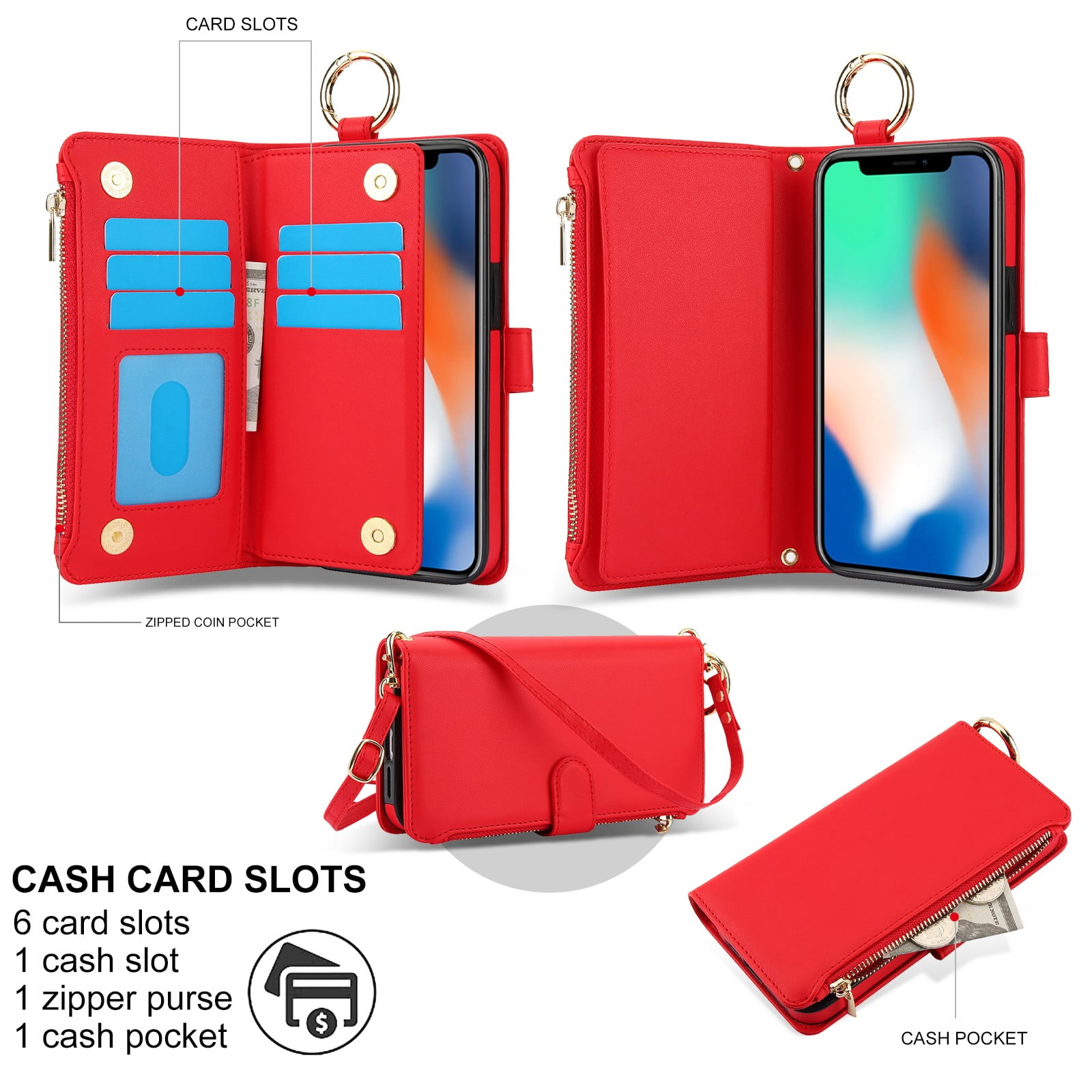 ELEHOLD For iPhone XS/X Phone Case Leather Crossbody Zipper Card Wallet Flip Case Kickstand Cover, with Ring Holder,Full Body Protection-Red