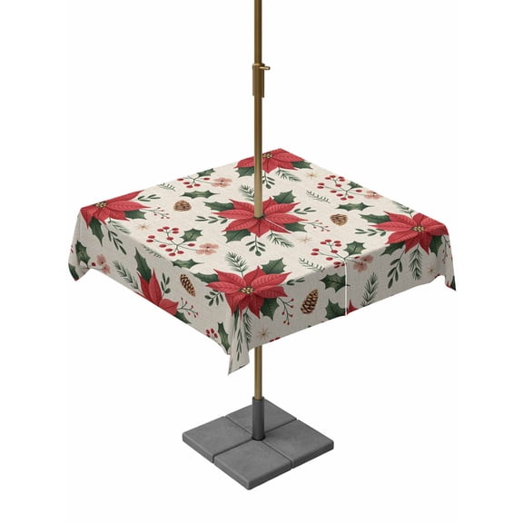 Outdoor Tablecloth with Umbrella Hole and Zipper, Christmas Poinsettia Square Table Cloth 54x54 Inch Waterproof Tablecloth, Xmas Red Flowers Pine Cones Vintage Picnic Table Cover for Patio Camping