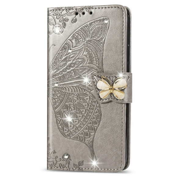For iPhone 16e Wallet Phone Case,Flip Folding Kickstand,With Wrist Strap,Card Slots,Luxury Diamond Butterfly&Flower Embossing PU Leather Shockproof Anti-fall Phone Case,Gray