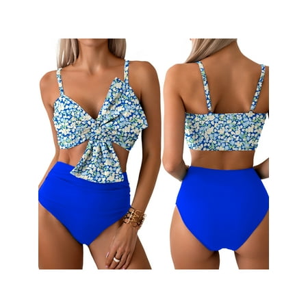 NUIDARAIO Women s Two Piece Bikini Bathing Suits Sleeveless Ruched Knot Cami Tops High Waist Thong Swimsuits