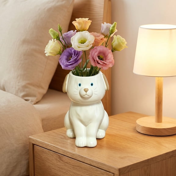 Dog Shaped Resin Vase - Pet Lovers Gift, Decorative Centerpiece for Flowers and Plants, Home Office Decor White