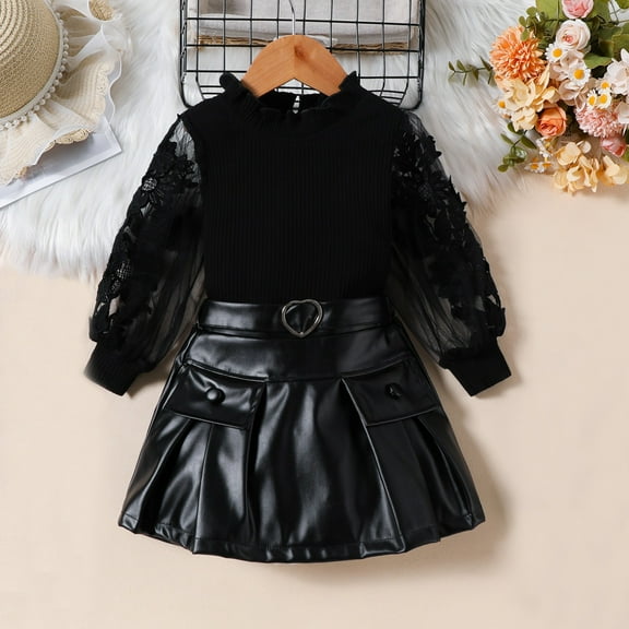 Children's Clothing Autumn Europe and The United States Girls Two Color Sleeve Blouse Pu Leather Decorated Waist Skirt Fashion Suit