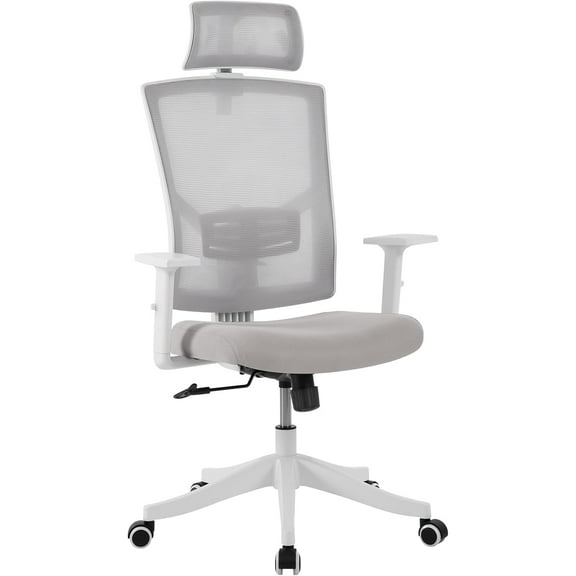 Ergonomic Office Chair with Adjustable Lumbar & Headrest, High Back Swivel Computer Chair with Armrests, Comfortable Desk Chair for Gaming, Studying, White and Gray