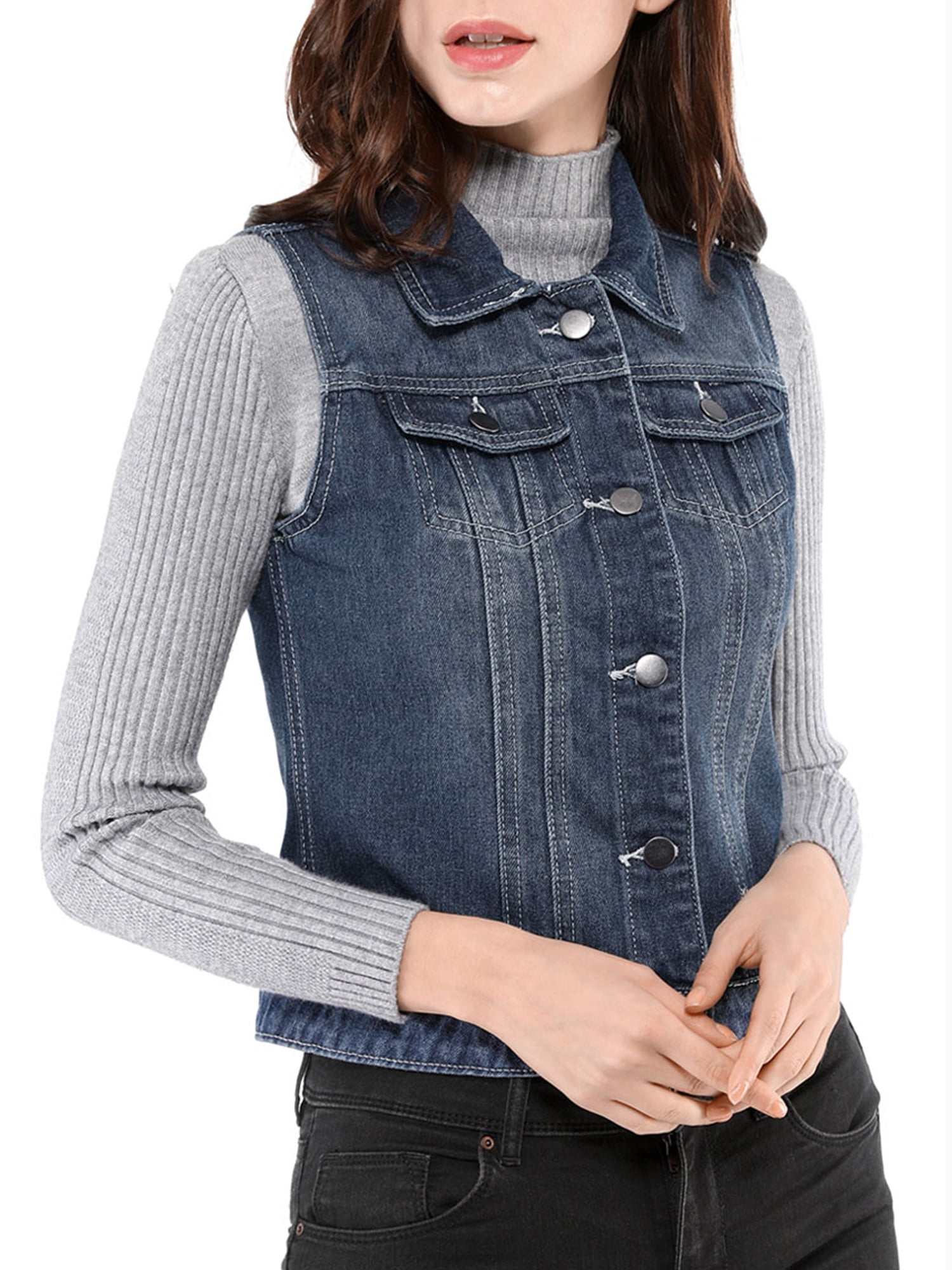 DARING DIVA Women's Denim Sleeveless Flap Pockets Vest Jacket S Blue