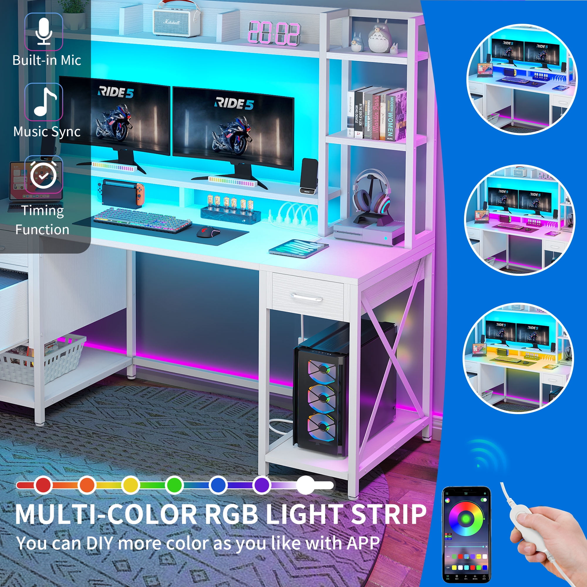 Dextrus 59.1"Computer Desk with Power Outlets & Hutch, Office Desk with Storage Shelves & Drawers with Lock, Gaming Desk with LED Lights & Monitor Stand, White