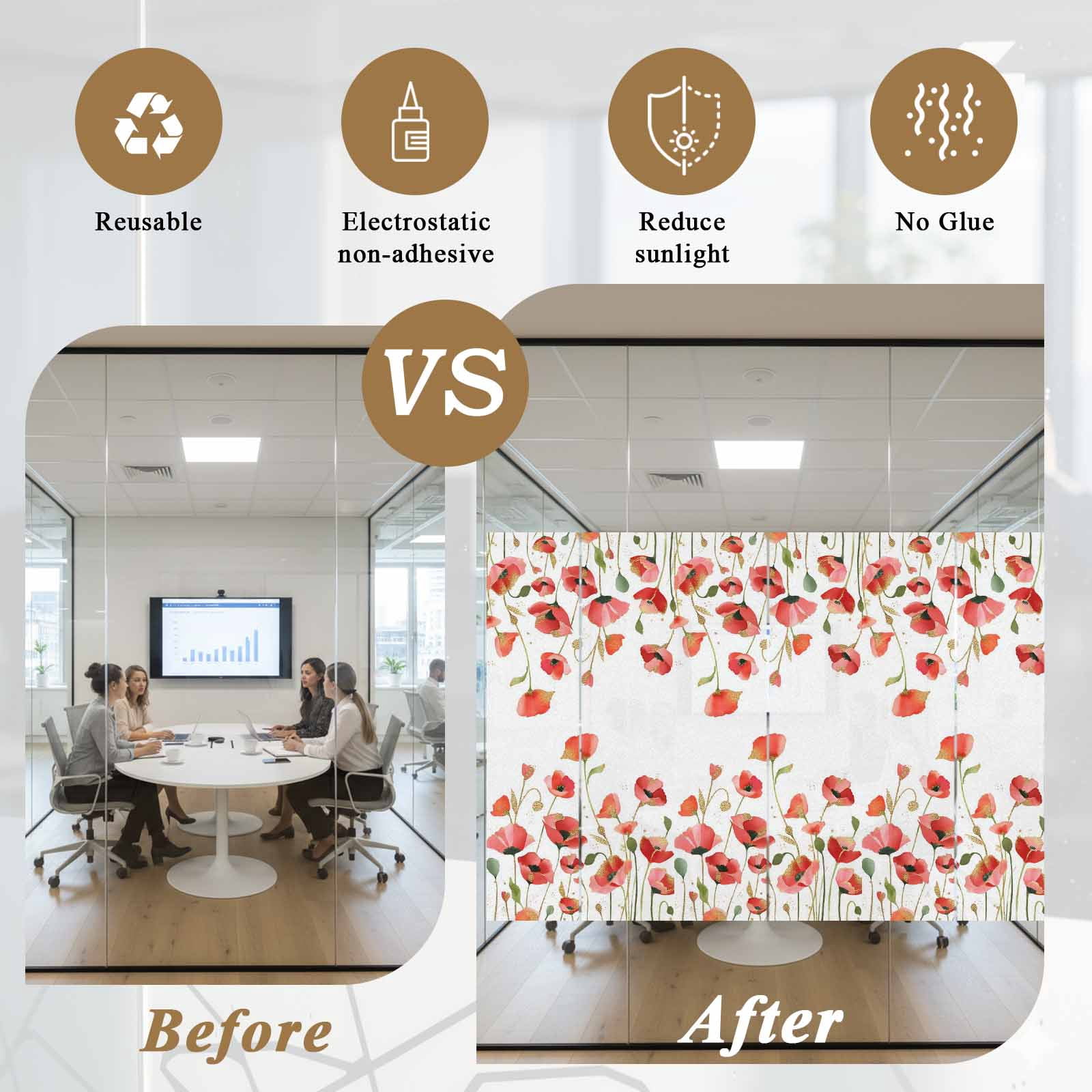 Spring Floral Window Privacy Film, Watercolor Red Wildflower Rustic Farmhouse Frosted Glass Window Clings Static Cling UV Heat Blocking Reusable Door Sticker for Bathroom 29.5 x 118 Inch