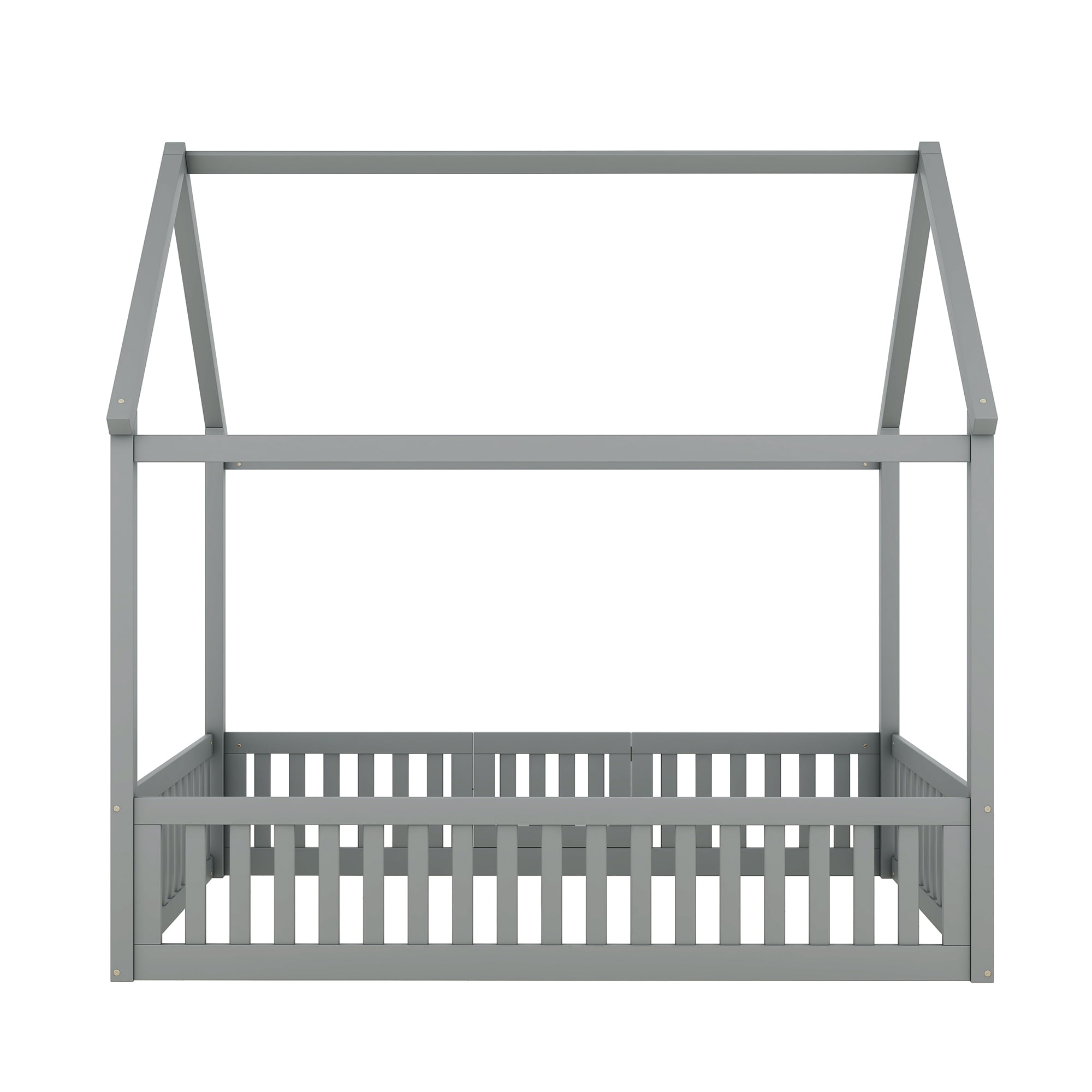 Harper & Bright Designs Full Size Floor House Bed, Wood Montessori Bed with Fence & Door, Full House Bed with Roof for Girls & Boys, Gray