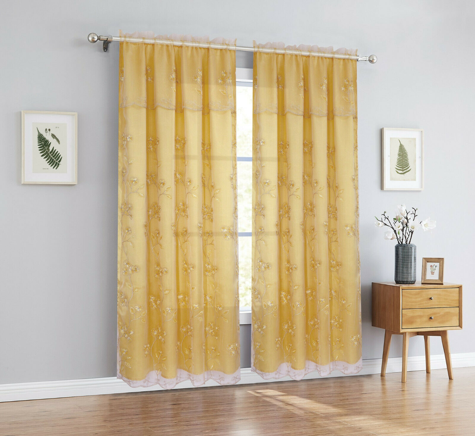 One Luxury Carly Embroidered Curtain Panel with Attached Valance, 54