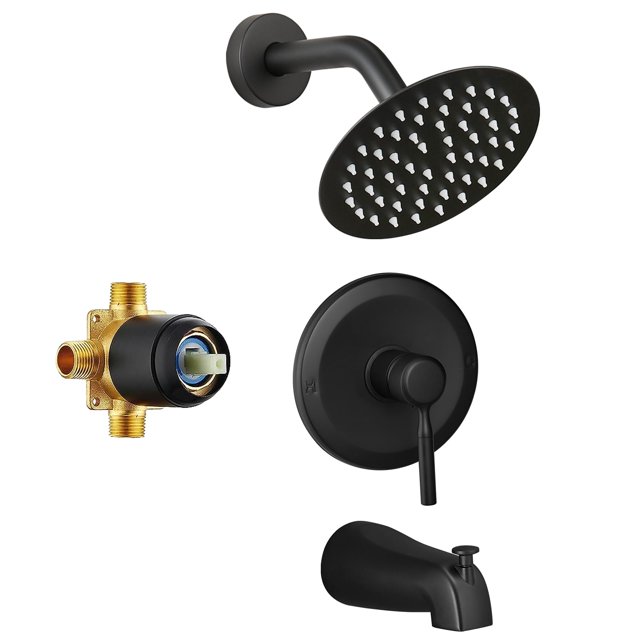 Juego de grifos para bañera con cabezal de ducha tipo lluvia de 15 cm, negro mate