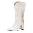 thumbnail image 5 of Fringe Cowboy Boots for Women Block High Heel Fashion Embroidery Pointed Toe Zip up Winter Dress Mid Calf Booties, 5 of 5