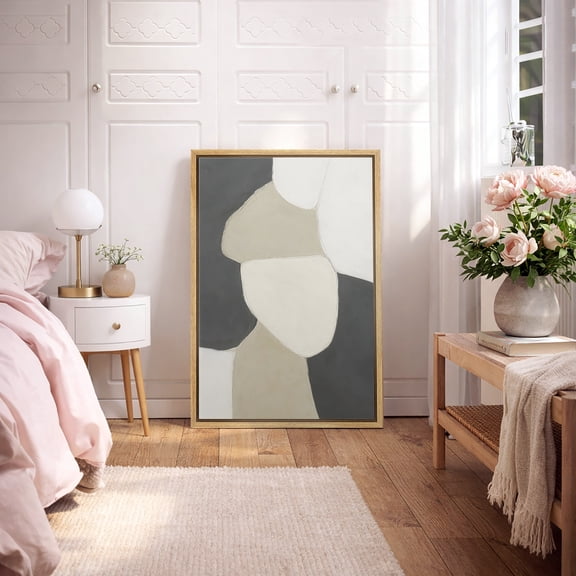 Framed Canvas Print Neutral Geometric Wall Art Abstract Modern Decorative for Living Room Bedroom - 16"x24" NATURAL