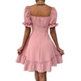 thumbnail image 3 of KOMOO Women A-Lined Short Dress Short Puff Sleeve Jacquard Dot Print Dress Ruffle Hem Dress, 3 of 8