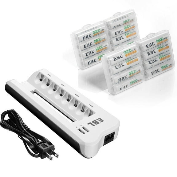 EBL 2800mAh Ni-MH AA Rechargeable Batteries (12 Pack) and 808U Rechargeable AA AAA Battery Charger with 2 USB Charging Ports