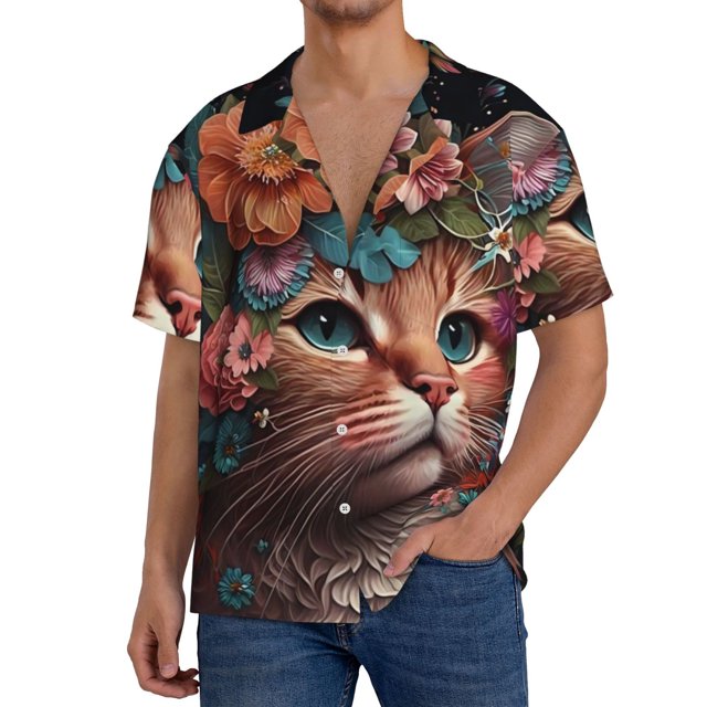 Fotbe Flower Crown Cat Camisa Estampada de Manga Corta para Hombre, Casual de Verano, Estilo Playero, Sin Arrugas-XX-Large
