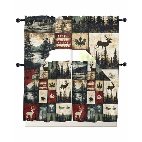 Rustic Forest Kitchen Curtains Sets 36 Inch Length with Valance, Reindeer Pine Tree Nautical Boat Retro Swag Valances and Tiers Curtain Set Drapes Swag Curtains for Living Room, Bathroom, Bedroom