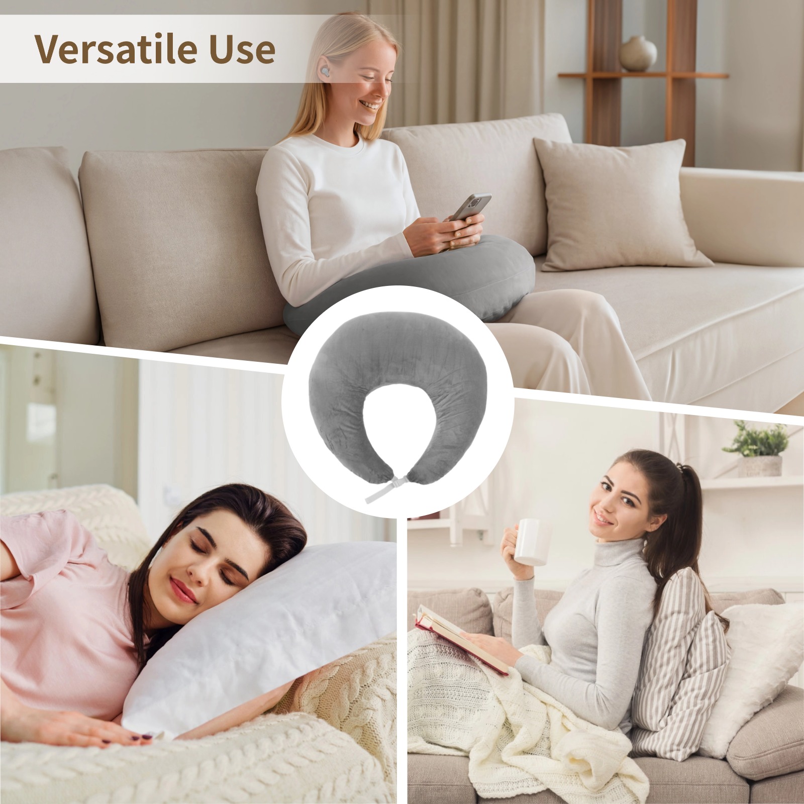 Gray U-Shaped Reading Pillow, 23.6" x 21.7" Lap Support Pillow with Adjustable Strap, Crescent Design, PP Cotton Filling, Reading, Gaming, Arm, Back Support