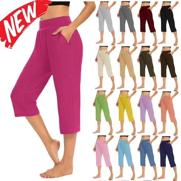 Tqyyweavej Women's Plus Capri Pants Oversized Straight Leg Workout Lounge Pants Pull-On Solid Color Athletic Pants with Pockets