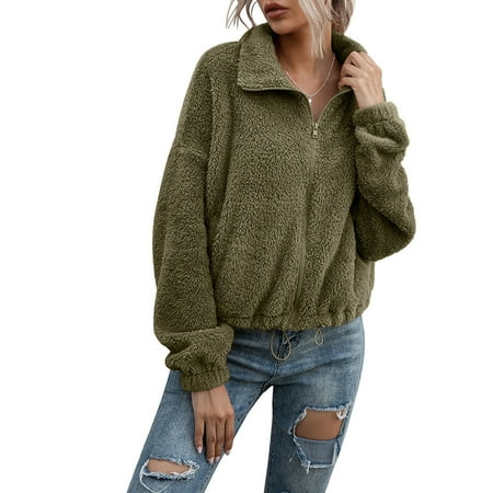 

SIEYIO Women Winter Double Fuzzy Plush for Jacket Lapel Full Zipper Up Thicken Warm Outwear Drawstring Hem Long Sleeve Loose Coat with Pockets