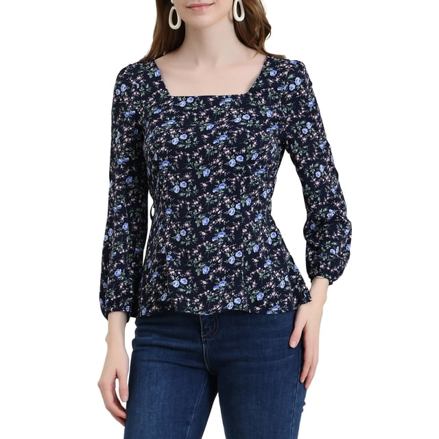 Unique Bargains Blouse à Manches Longues à Encolure Carrée à Fleurs pour Femmes
