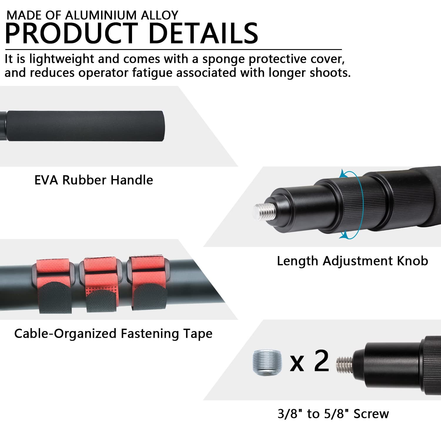 Portable Handheld Boom Pole for Shotgun Mic, 3-Section Extendable Microphone Arm for Filming with 3/8" and 5/8" Threads