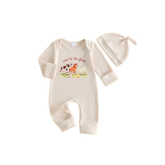 Cjfdfy Newborn Baby Boy Girl Fall Outfit New To The Farm Print Long Sleeve Waffled Romper And Hat Infant Cute Cow Farm Outfit 0-18M Newborn Coming Home Clothes
