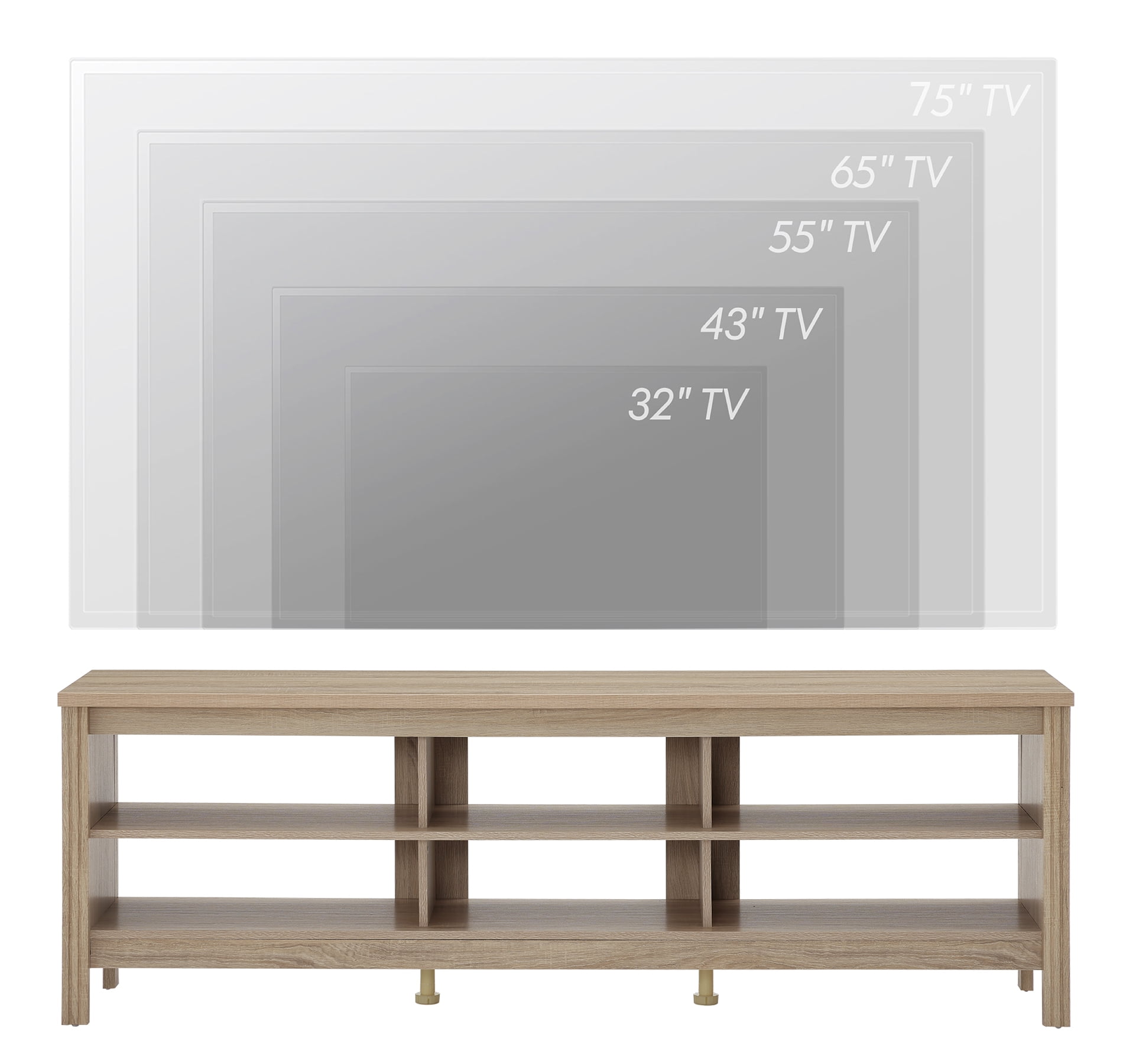 Farmhouse TV Stand for 75 inch TV, Wood Entertainment Center with 6 Storage Shelf for Living Room, Bedroom, Oak