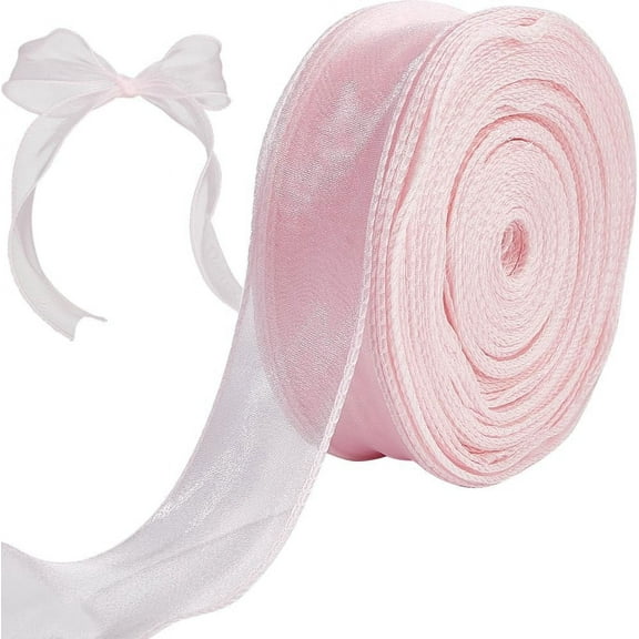 50 Yards 1-3/5 Inch Pink Wired Chiffon Ribbon Sheer Tulle Solid Roll Organza Ribbons Wired Woven for Gift Wrapping Wedding Bouquet Home Decor Hair Accessories Handmade DIY Decoration Craft