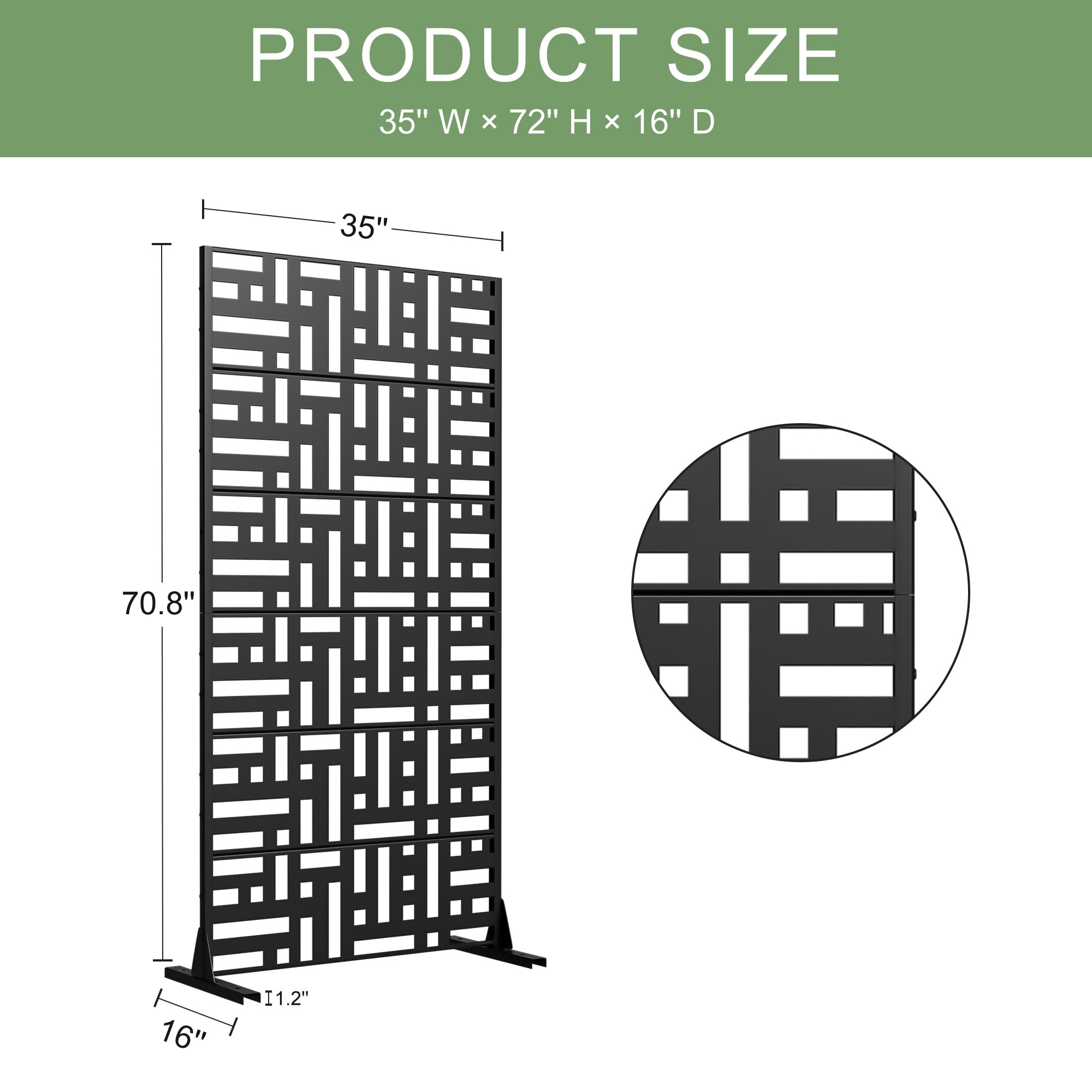 MAYEERTY 72 × 35in Outdoor Privacy Screen with Stand Metal Balcony Decorative Screen, Black