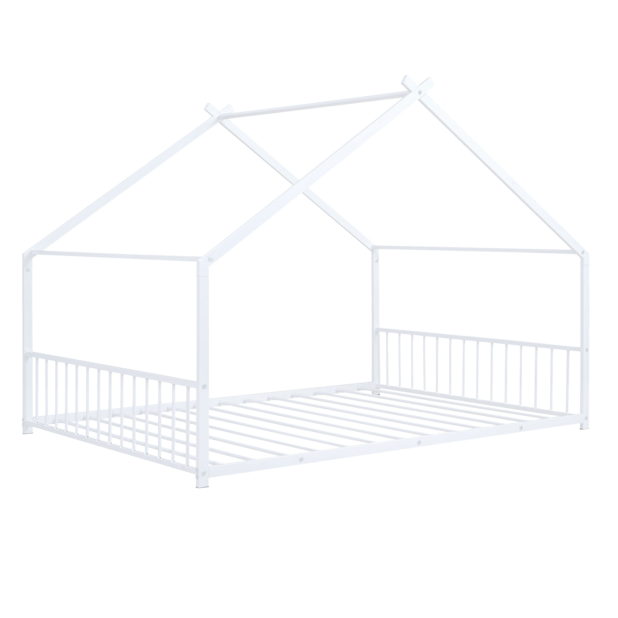 Bellemave Full Size Metal House Bed with Headboard and Footboard Montessori House Bed, Metal Floor Bed with Roof, No Box Spring Needed, White
