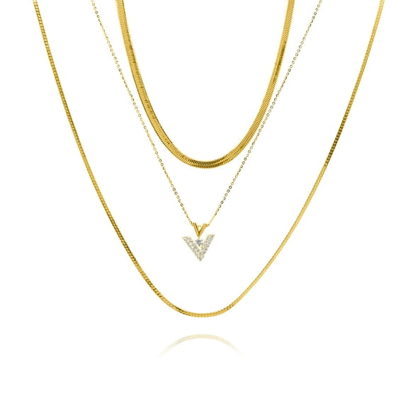 JeenMata Multiple 3 pcs V-Shaped Pendant Layered Necklace Set in Yellow Gold Plated