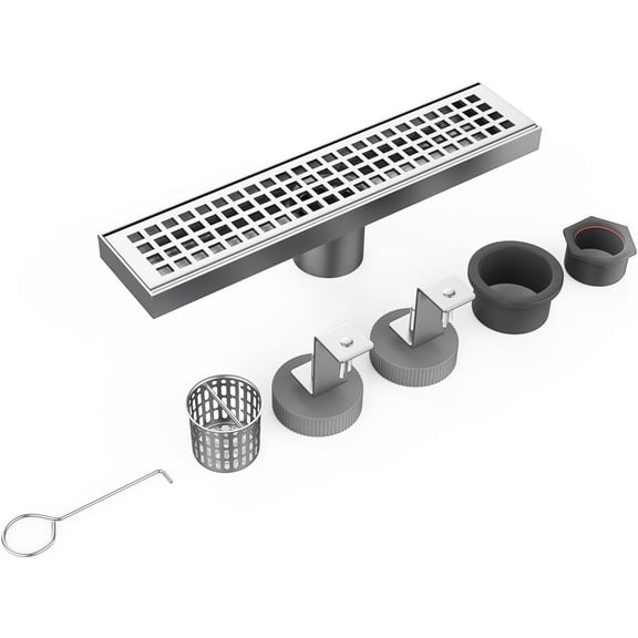GoFashion 12 Inch Shower Linear Brushed Drain Rectangular Floor Drain with Quadrato Pattern Grate Removable 304 Stainless Steel Linear Shower Drain