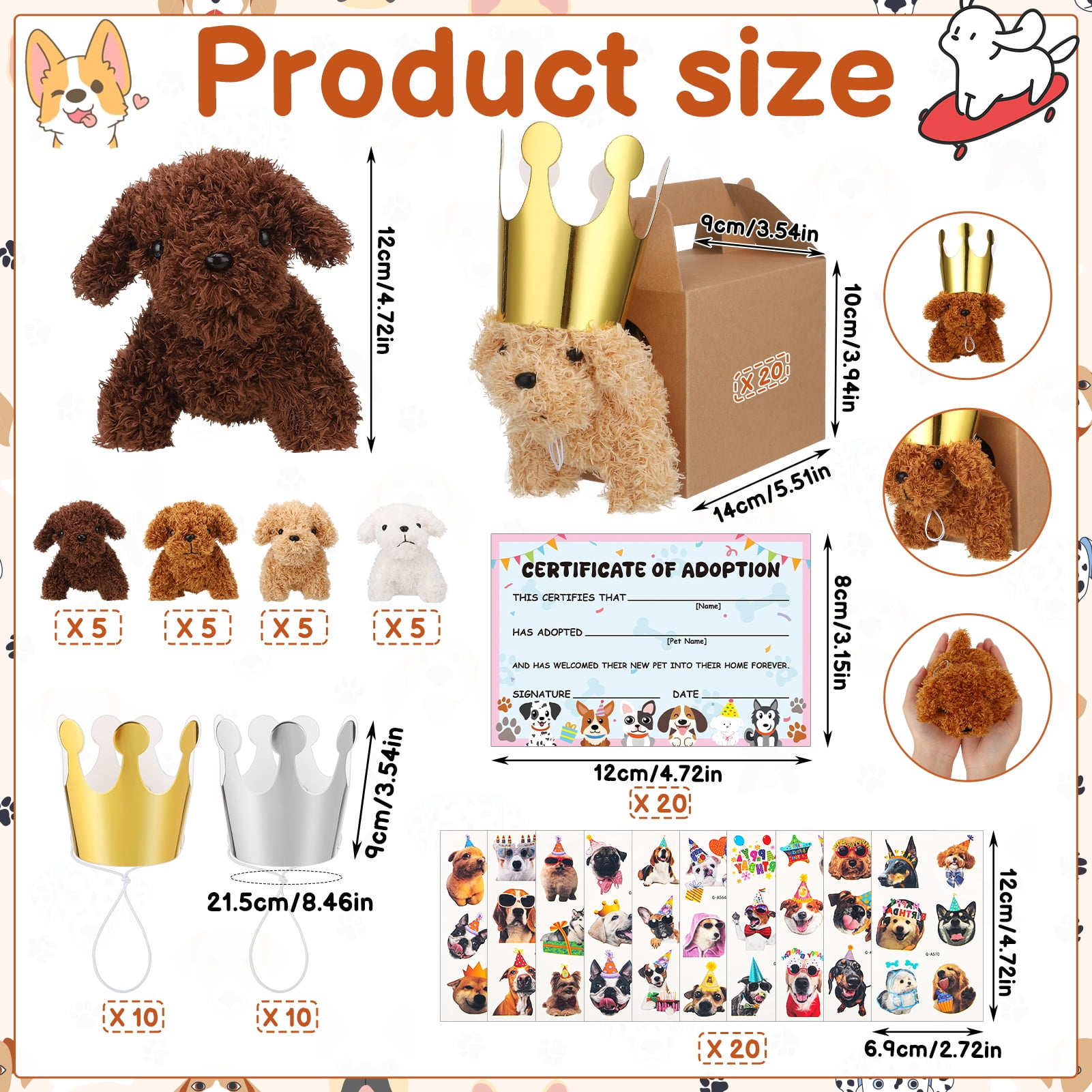 KABOER 100 Pcs Adopt A Puppy Party Favor Set, Mini Stuffed Animals Toy, Includes 20 Pcs Small Plush Dogs, Birthday Hats, Paper Boxes, Stickers and Adopt Cards for Party Supplies