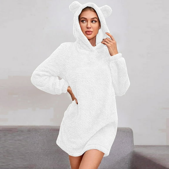 2025 Charella Women's Fuzzy Long Hoodies Winter Warm Fleece Pullover Sweatshirt White,XL