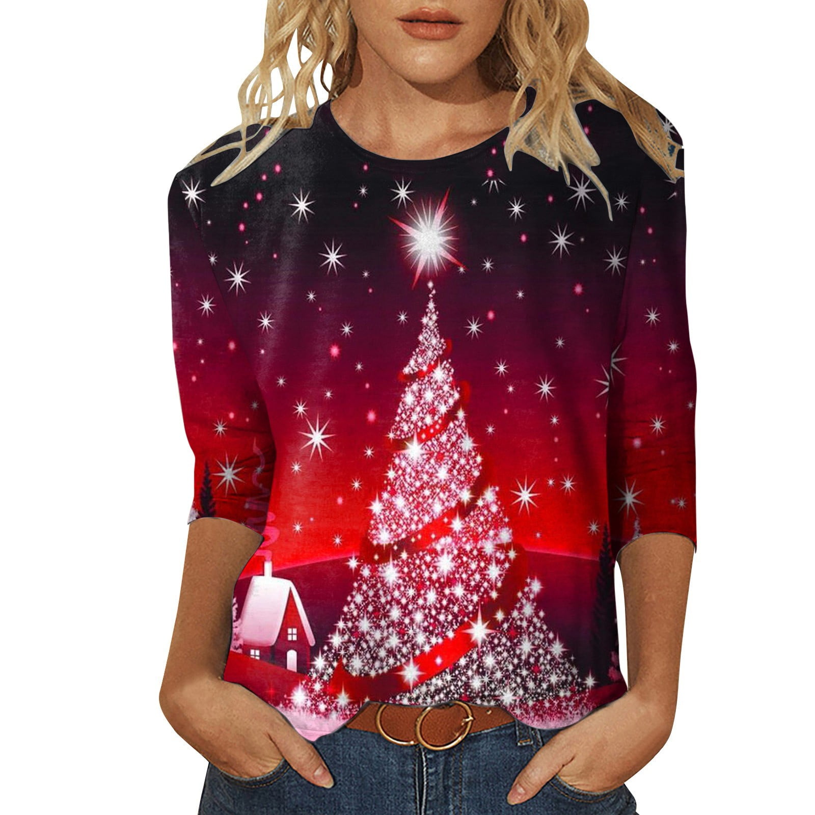 BIZIZA T-Shirts Christmas Tops for Pullover Xmas Tunic Crew Neck 3/4 Sleeve Classic Fit Winter Sweatshirt Wine XL - Walmart.com