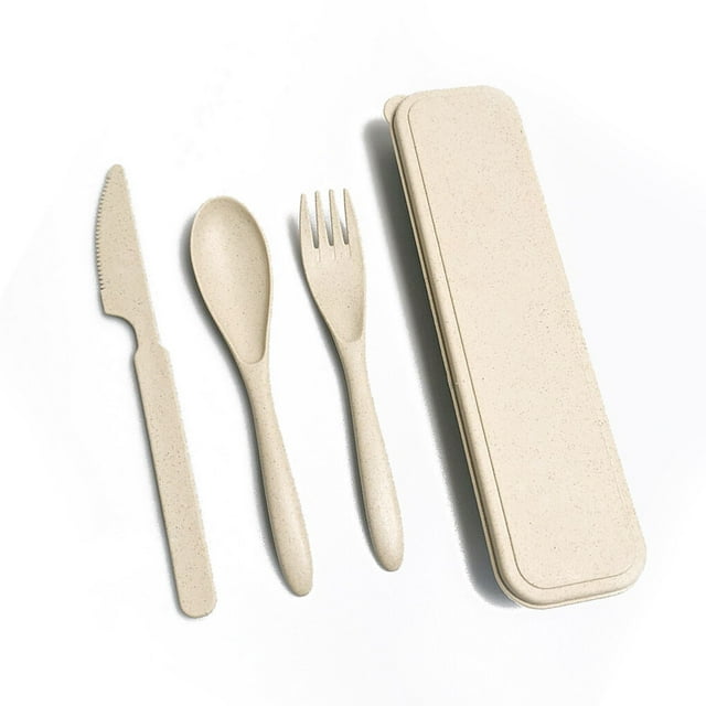 Ensemble de Vaisselle en Paille de Blé Portable Réutilisable Couleur Unie Kit de Couverts Intérieur Extérieur Maison Camping Vaisselle avec Étui de Rangement Beige
