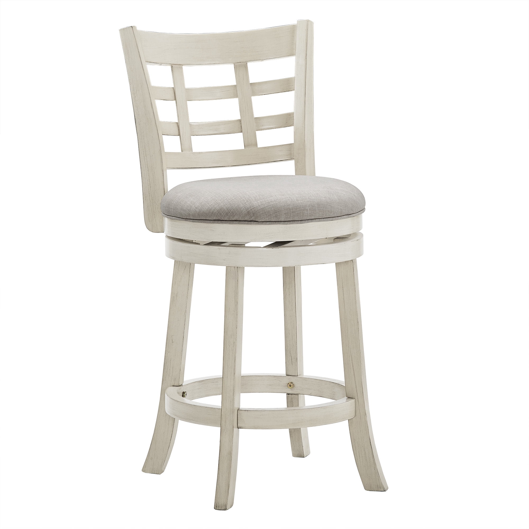 Weston Home Shapel Window Back 24"H Swivel Counter Height Stool, Antique White Finish, Grey Linen