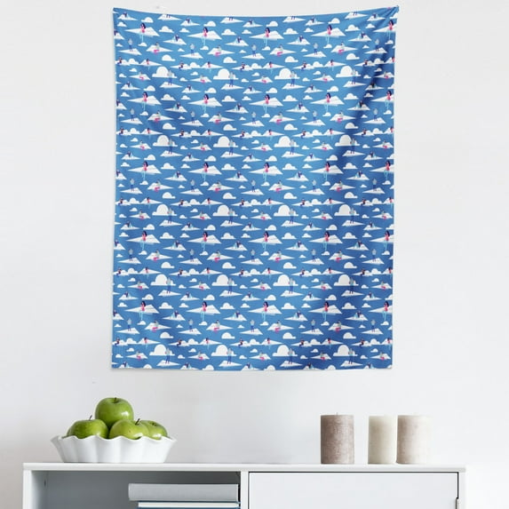 Airplane Tapestry, Modern Illustration of People Sitting on Clouds Sky Themed Scene, Fabric Wall Hanging Decor for Bedroom Living Room Dorm, 5 Sizes, Azure Blue and Multicolor, by Ambesonne