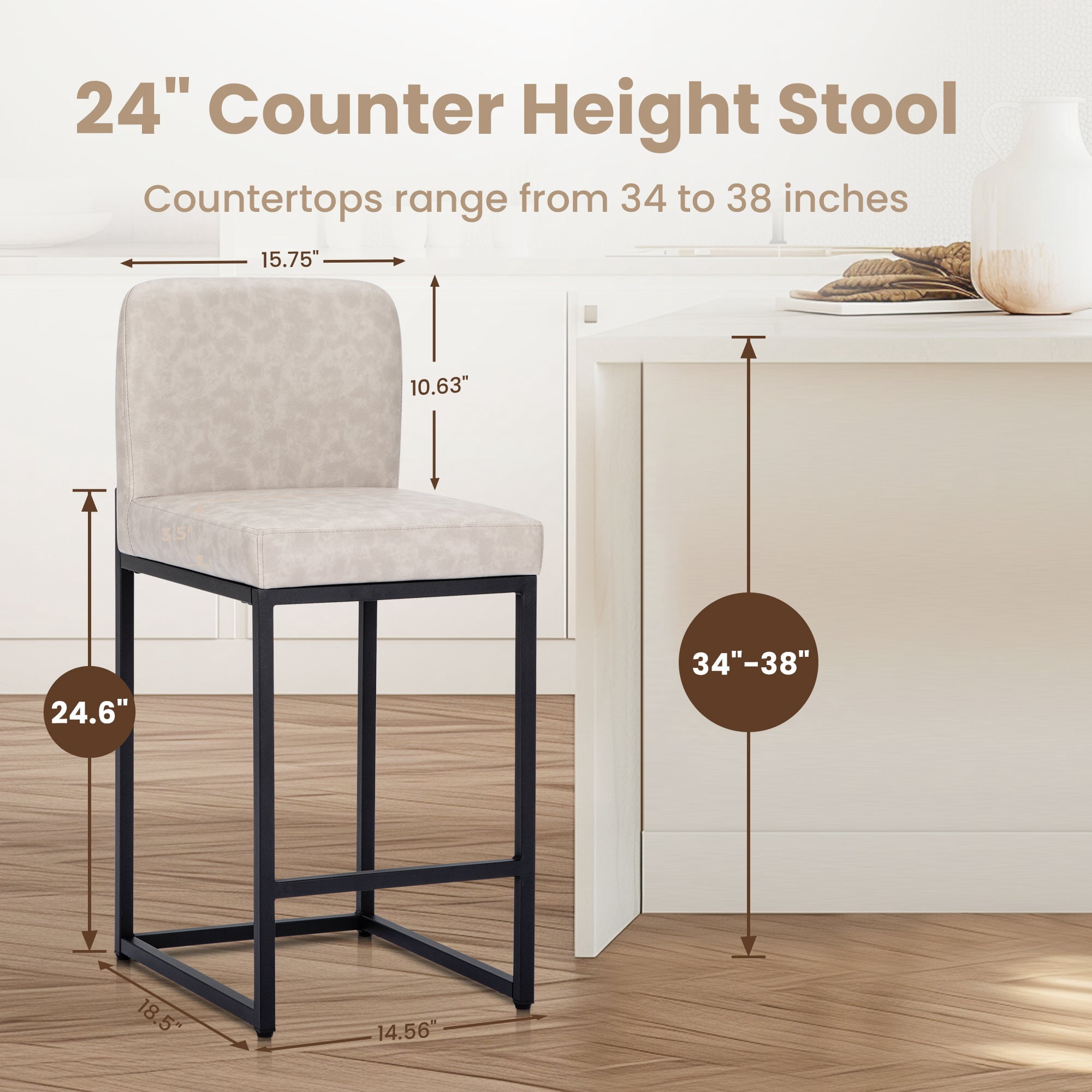 Sophia & William 24.6" Bar Stools Set of 2 PU Leather Counter Height Bar Stools with Back Modern Counter Height Chair for Kitchen Island, White
