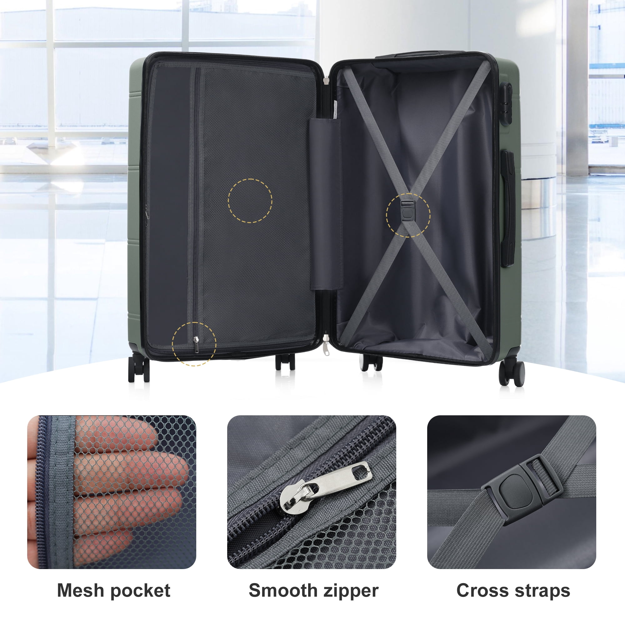 Euroco 6 Piece Luggage Sets,Lightweight Hardshell Suitcase set with Spinner Wheels,Handle Password Lock,Cosmetic Case & 2 Travel Duffel Bags,Large Suitcase Set for Family(14/20/24/28 inch),Army Green