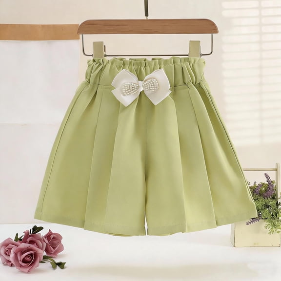 Oiangi Girls' Summer Shorts Elastic Waist Cute Ruffled Shorts Casual Loose Lightweight School Uniform with Bow Deco Green 14-15 Years