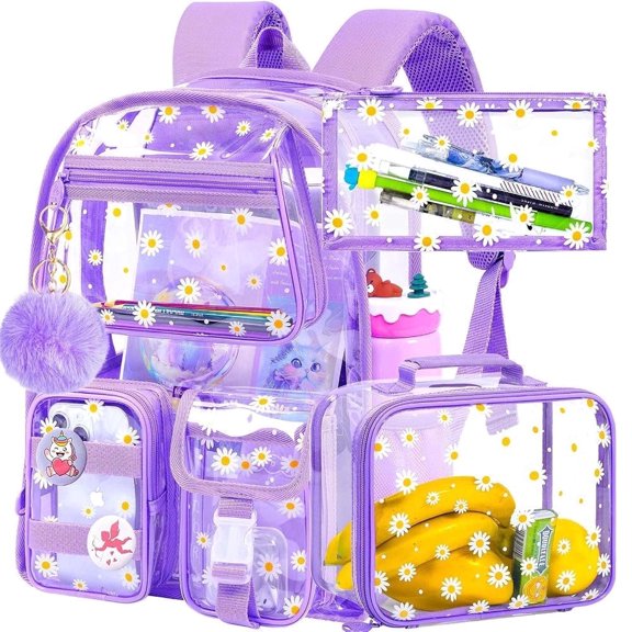 3Pcs Clear Backpack for Girls, School Transparent Bookbag, Heavy Duty See Through Backpacks for Teens Elementary