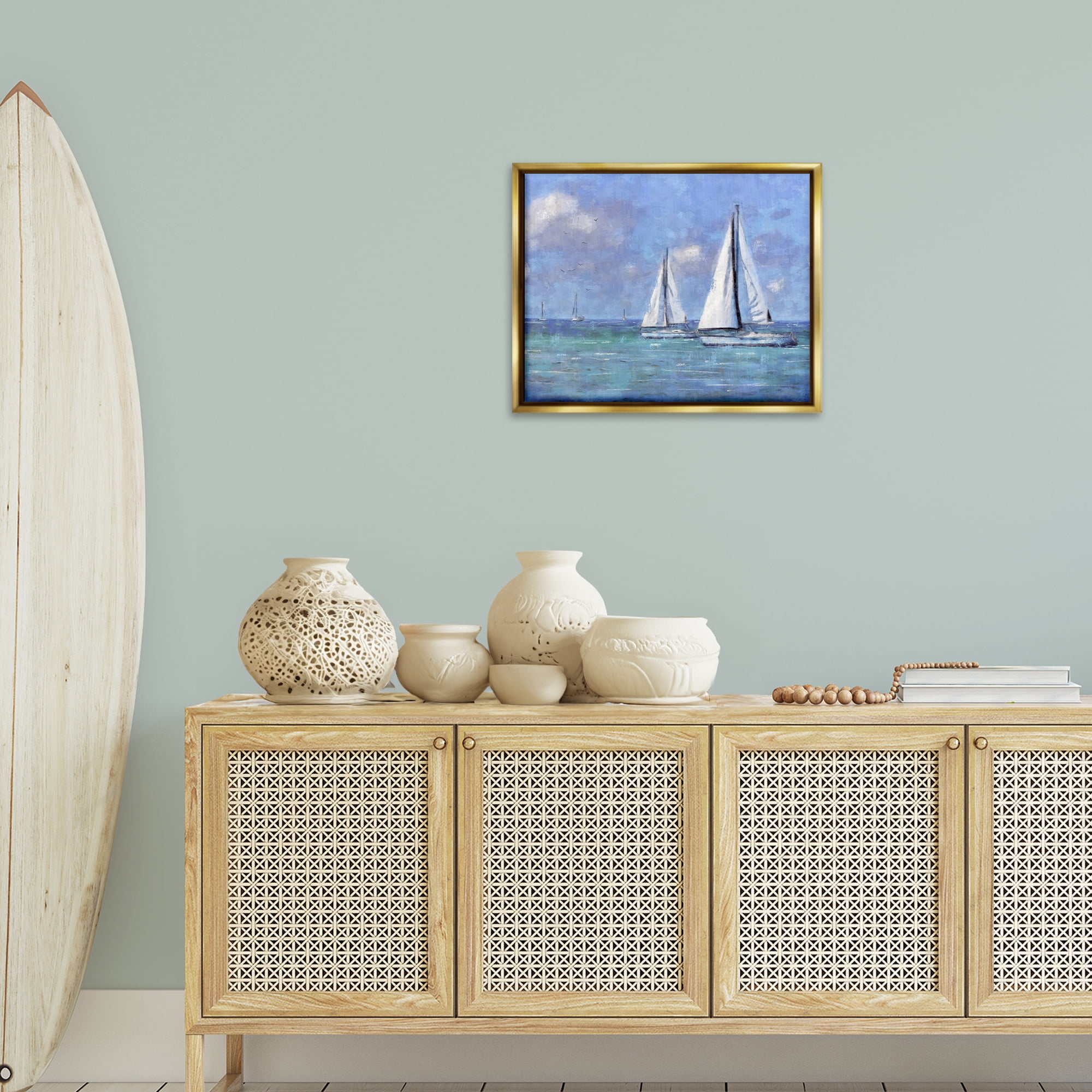 Stupell Industries Sailing Day Sailboats Landscape Painting Gold Floater Framed Canvas Art Print Wall Art, 21 x 17