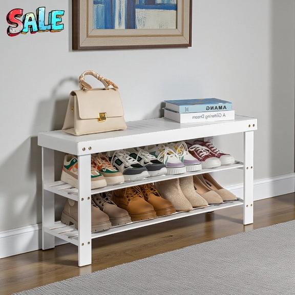 Tcbosik 3-Tier Shoe Rack Bench, White Bamboo Entryway Organizer, Space-Saving Shoe Storage with Seamless Top, 35.43"L x 11.02"W x 17.72"H