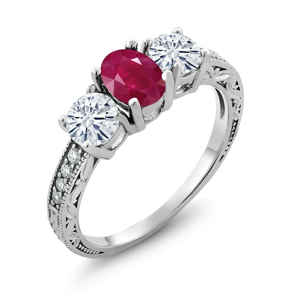 Gem Stone King 925 Sterling Silver 3-Stone Ring Oval Ruby Moissanite(2.12 Cttw) (Size 9)